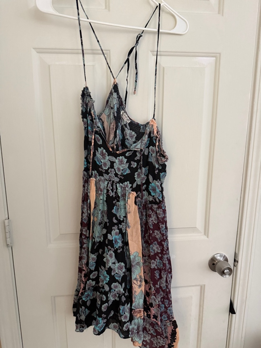 Floral Patchwork Strappy Mini Dress in Black and Teal